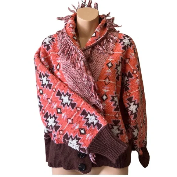 Cozy Brown and Red Patterned Women's Sweater - Picture 1 of 7